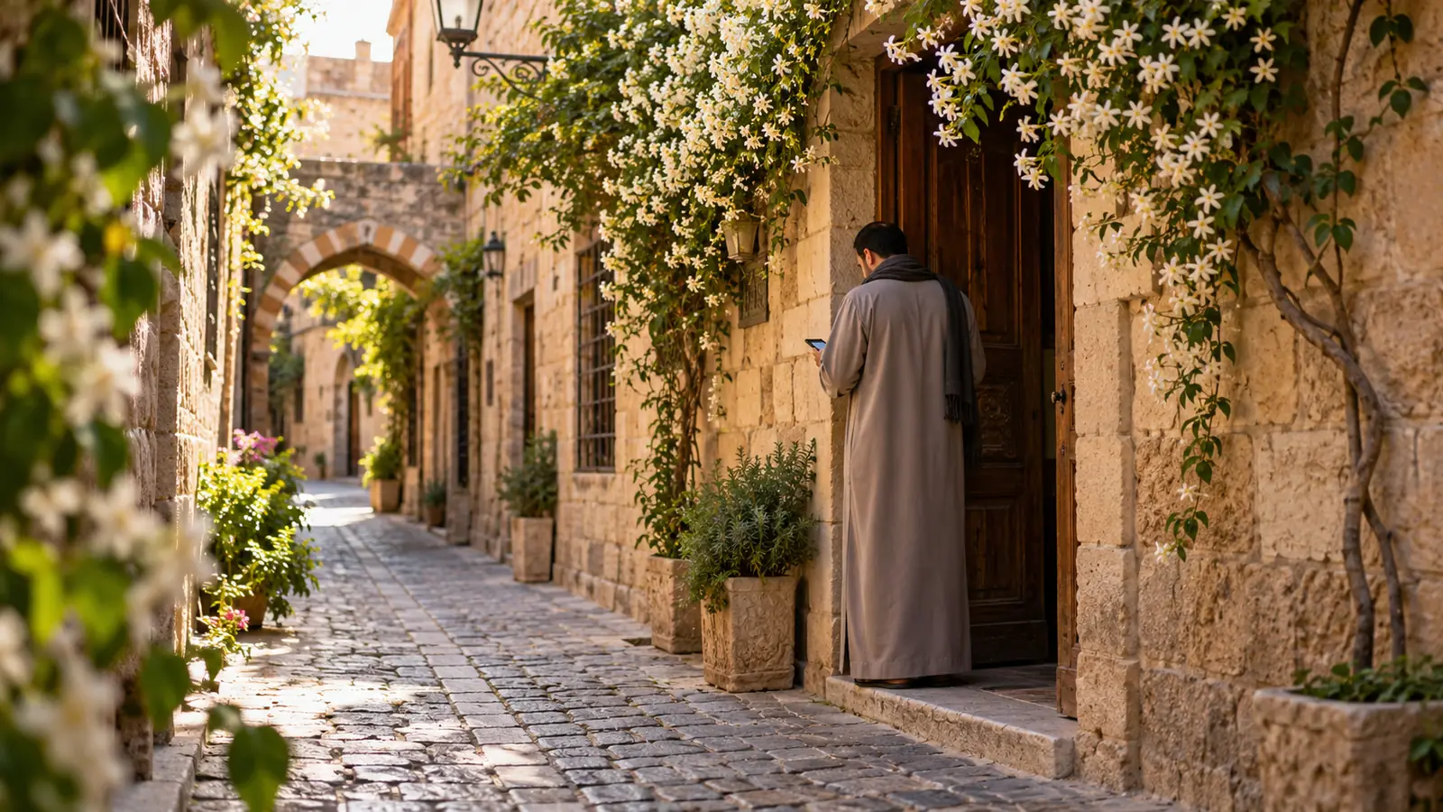 زقاق قديم في دمشق وياسمين على الجدار ورجل من الخلف ينظر في هاتفه، للبحث عن أفضل تطبيق زواج في سوريا