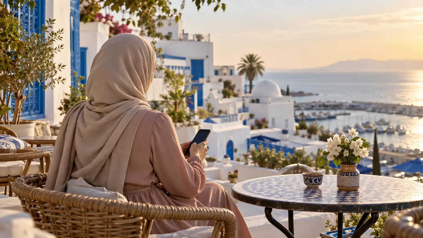 شابة تجلس في مقهى بمدينة تونسية ساحلية وتنظر إلى هاتفها وهي تختار أفضل تطبيق زواج في تونس