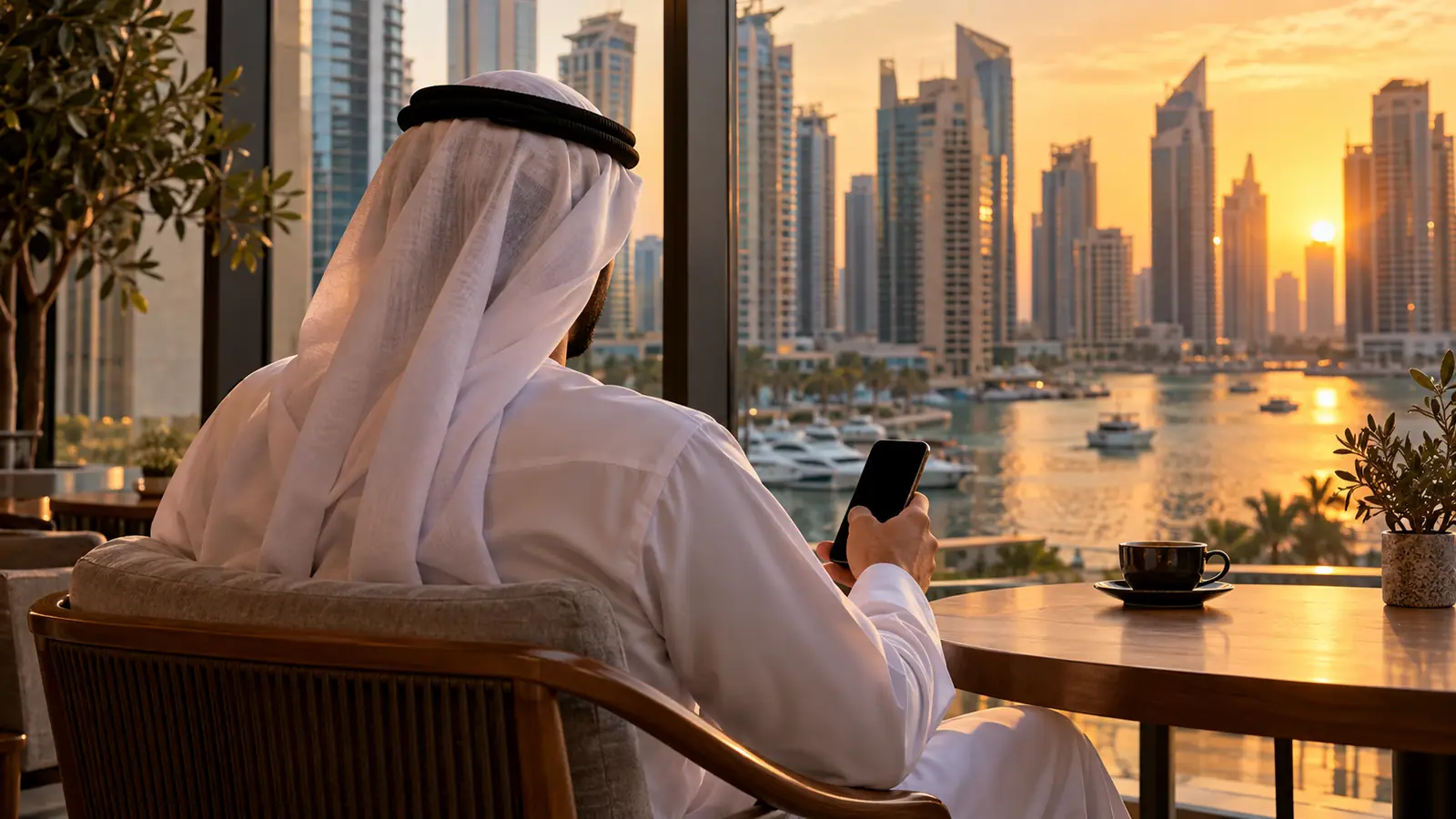 رجل عربي من الخلف يتصفح تطبيق زواج على هاتفه في مقهى يطل على أفق دبي