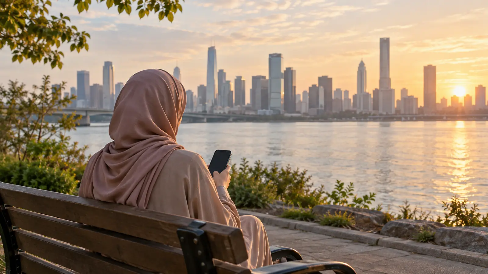 امرأة عربية من الخلف تجلس على مقعد وتتصفح تطبيق زواج أمام أفق مدينة أمريكية عند الفجر