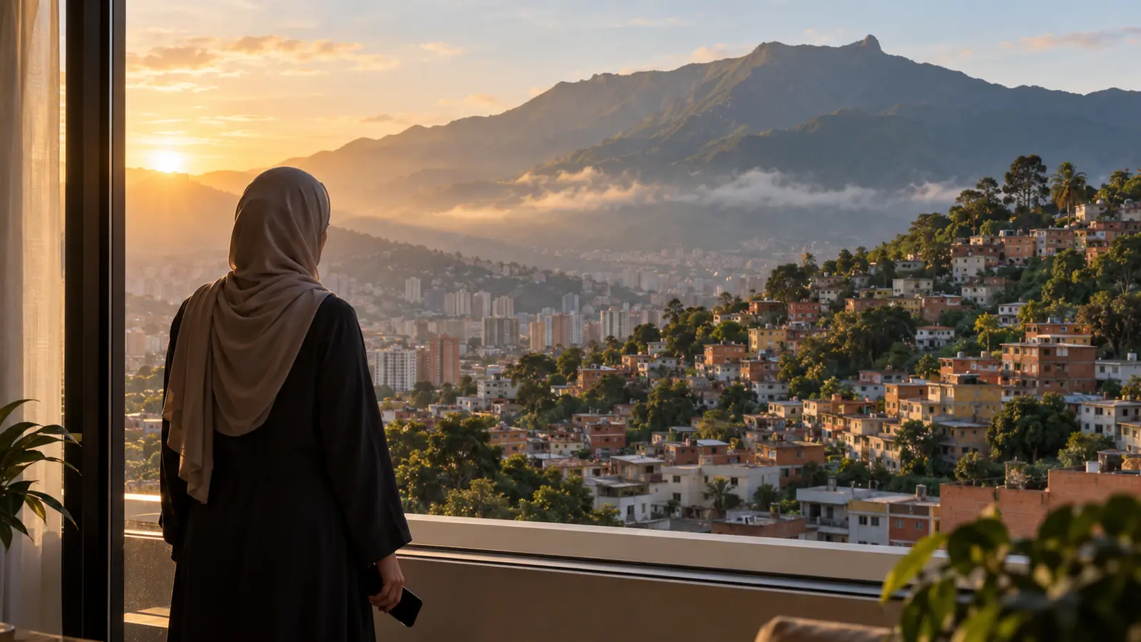 سيدة عربية من الخلف عند نافذة في كاراكاس تفكر في أفضل تطبيق زواج للعرب في فنزويلا