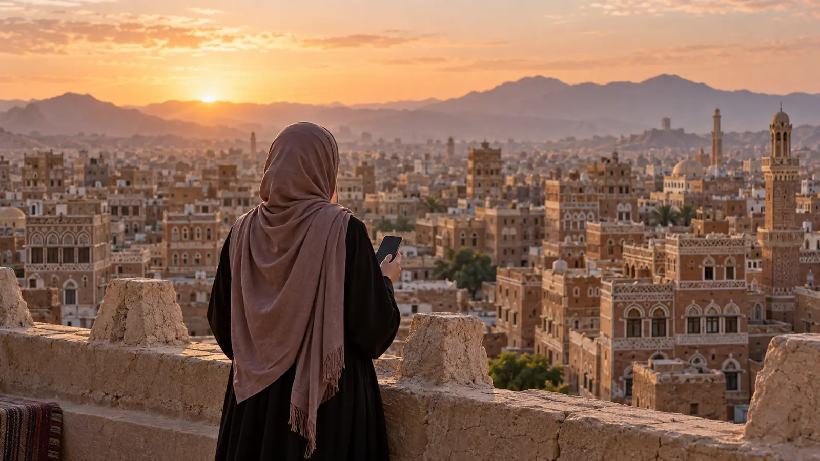 امرأة عربية محتشمة من الخلف على سطح مطل على بيوت صنعاء القديمة عند الفجر وبيدها هاتف، للتعبير عن أفضل تطبيق زواج في اليمن