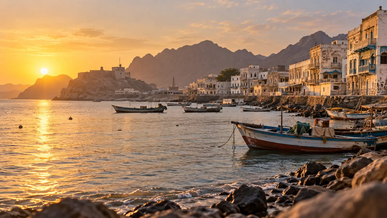 واجهة عدن البحرية عند الغروب مع مبانٍ قديمة وقوارب، لمن يبحث عن زواج في عدن