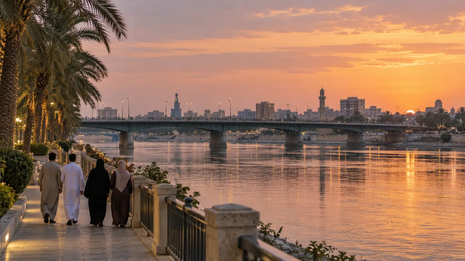 نهر دجلة في بغداد عند الغروب وجسر الشهداء ونخيل على الضفة وأسرة تمشي من بعيد