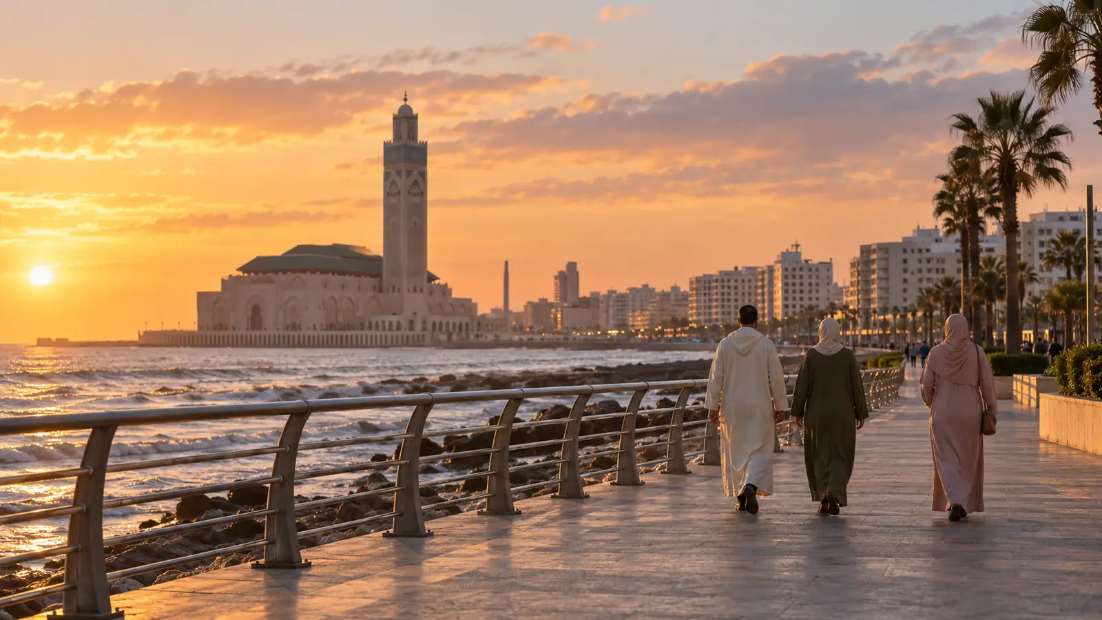 كورنيش الدار البيضاء ومسجد الحسن الثاني وقت الغروب مع أسرة تتمشى