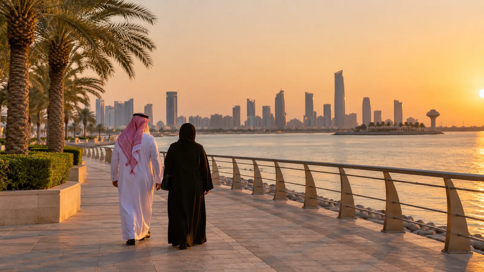 واجهة بحرية هادئة في الخبر والدمام عند الغروب، لمن يبحث عن زواج في الدمام