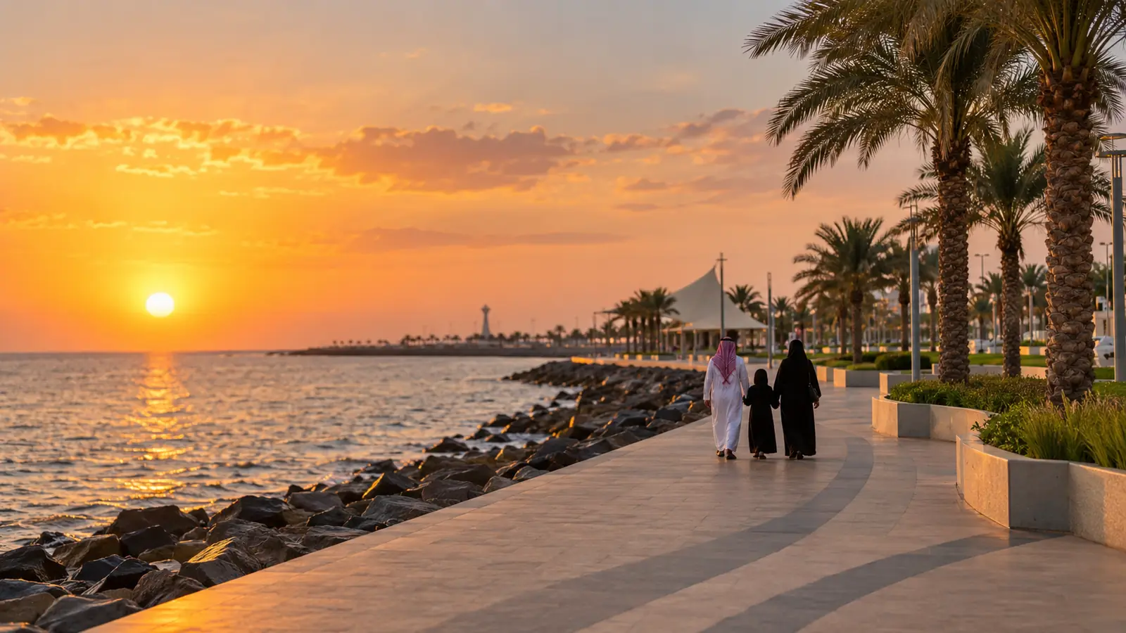 كورنيش جازان على البحر الأحمر وقت الغروب وأسرة تتمشى من بعيد