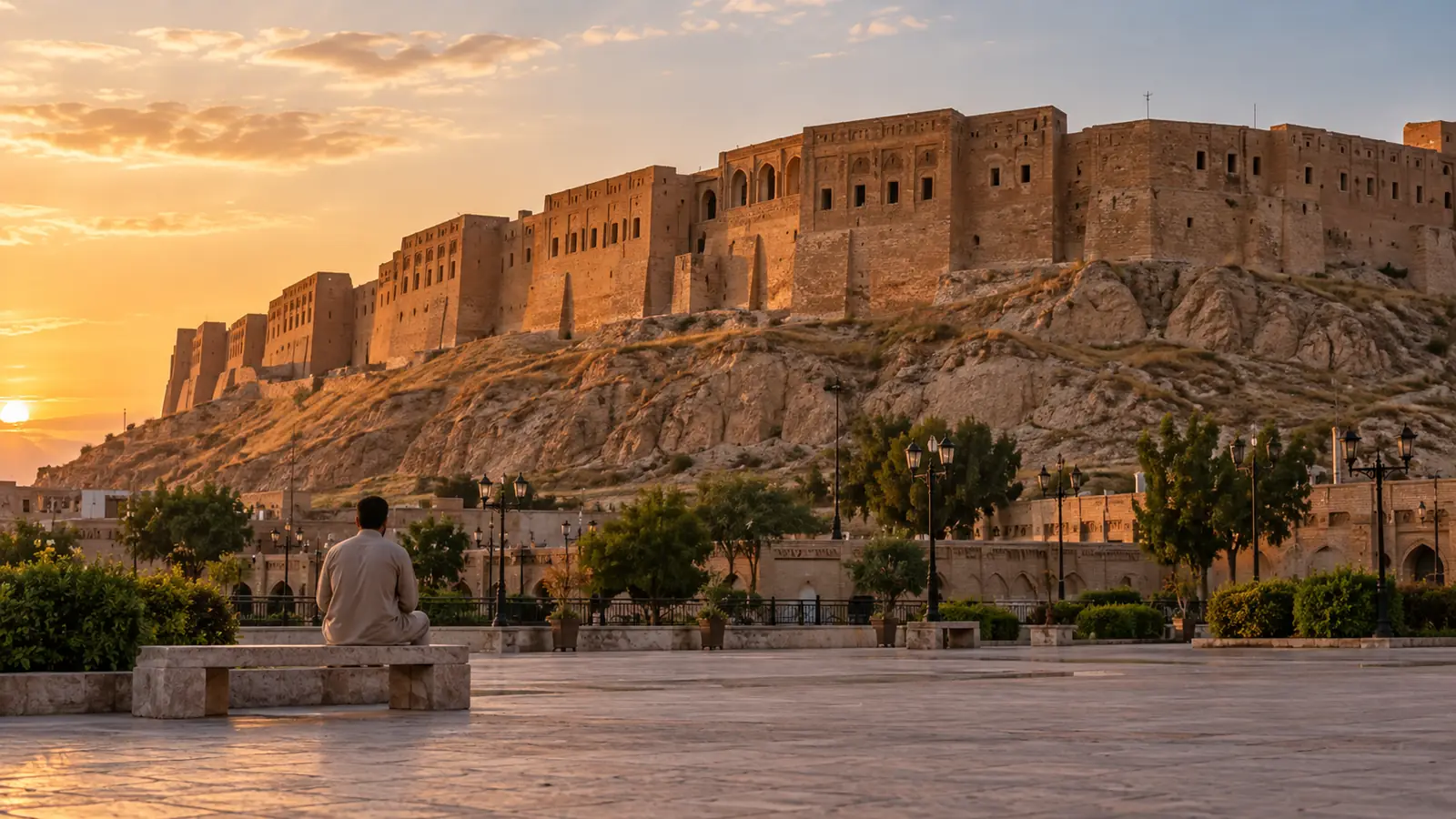 قلعة أربيل على تلّها القديم في ضوء المساء مع ساحة عامة هادئة