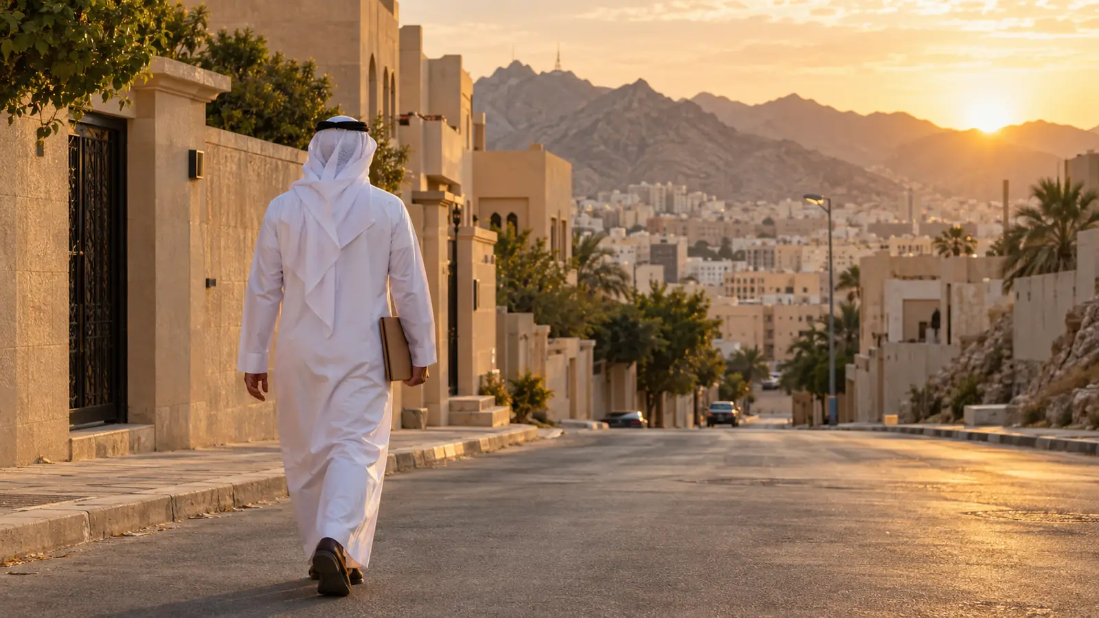 رجل يمشي في حي سكني هادئ بمكة المكرمة وقت الغروب، تعبيرًا عن البحث عن زواج في مكة المكرمة