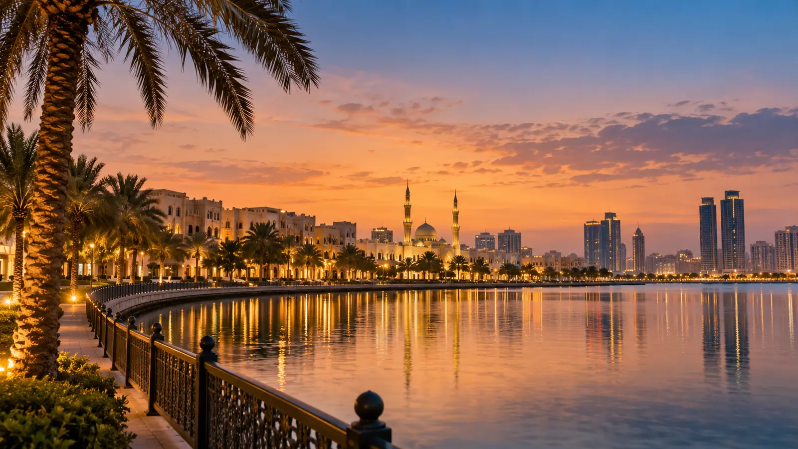 واجهة بحرية هادئة في الشارقة عند الغروب لموضوع الزواج في الشارقة