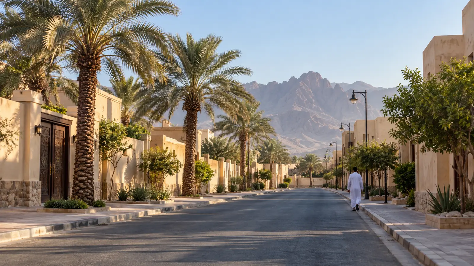 شارع هادئ في تبوك بين النخيل وقت الصباح ورجل يمشي من بعيد