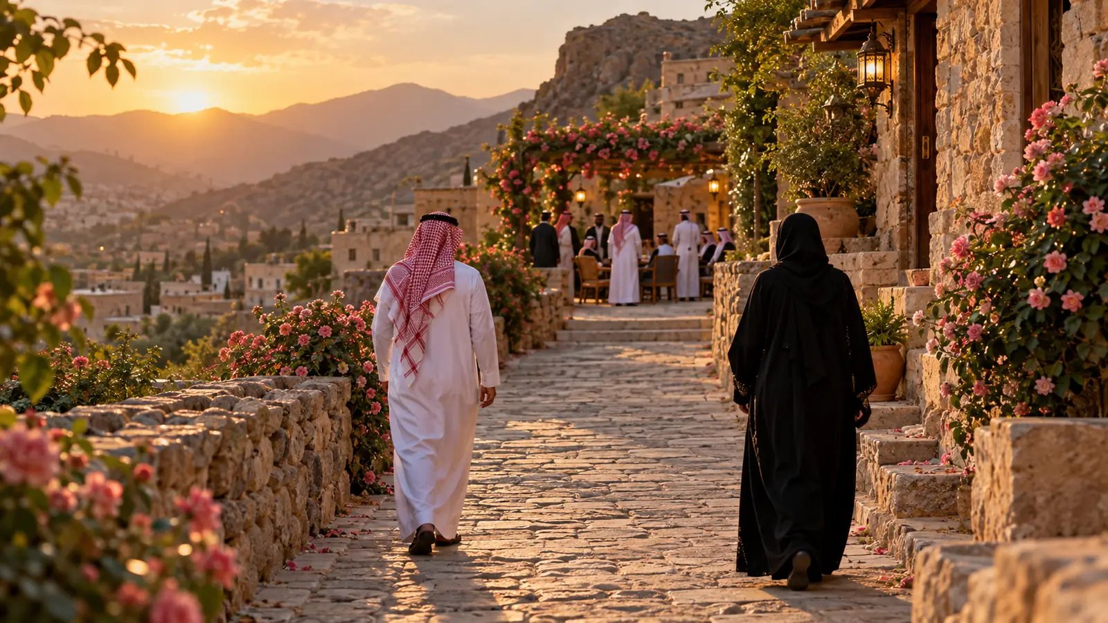 شارع جبلي هادئ في الطائف وقت الغروب مع ورود، مشهد لموضوع الزواج في الطائف