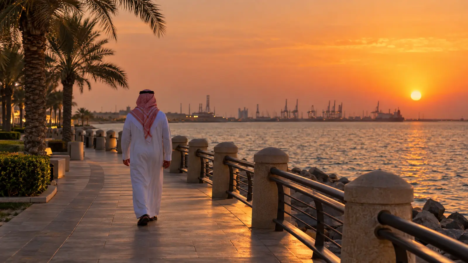 كورنيش ينبع على البحر الأحمر وقت الغروب وميناء بعيد ورجل يمشي من الخلف