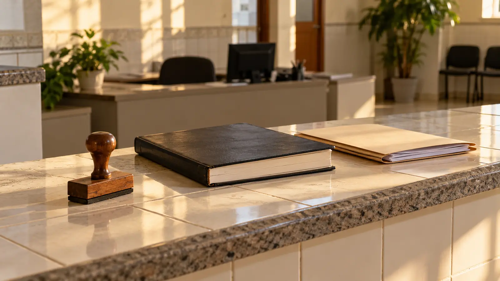 مكتب سجل مدني في البرازيل عليه دفتر وأختام وملف أوراق زواج في ضوء دافئ