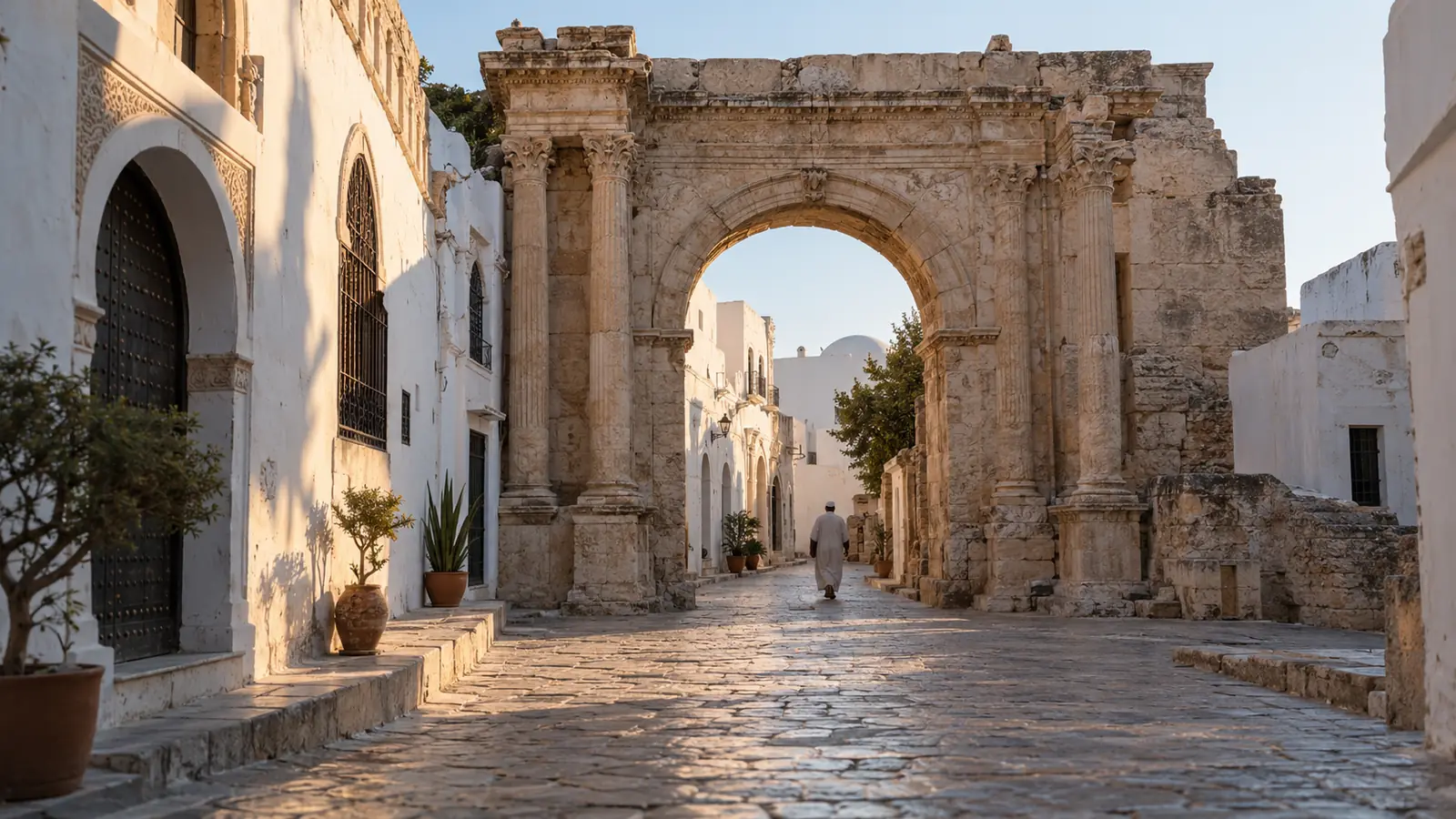 أزقة طرابلس القديمة في ليبيا بجدران بيضاء وقوس ماركوس أوريليوس وشخص يمشي من بعيد