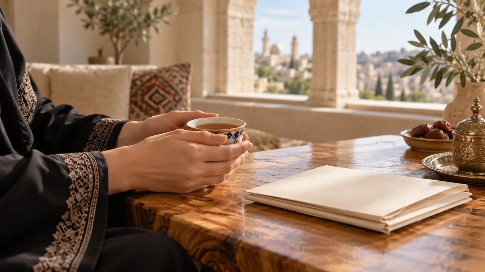 يدان ترفعان كوب شاي بجانب أوراق عقد زواج على طاولة خشب زيتون، لموضوع زواج من فلسطينية