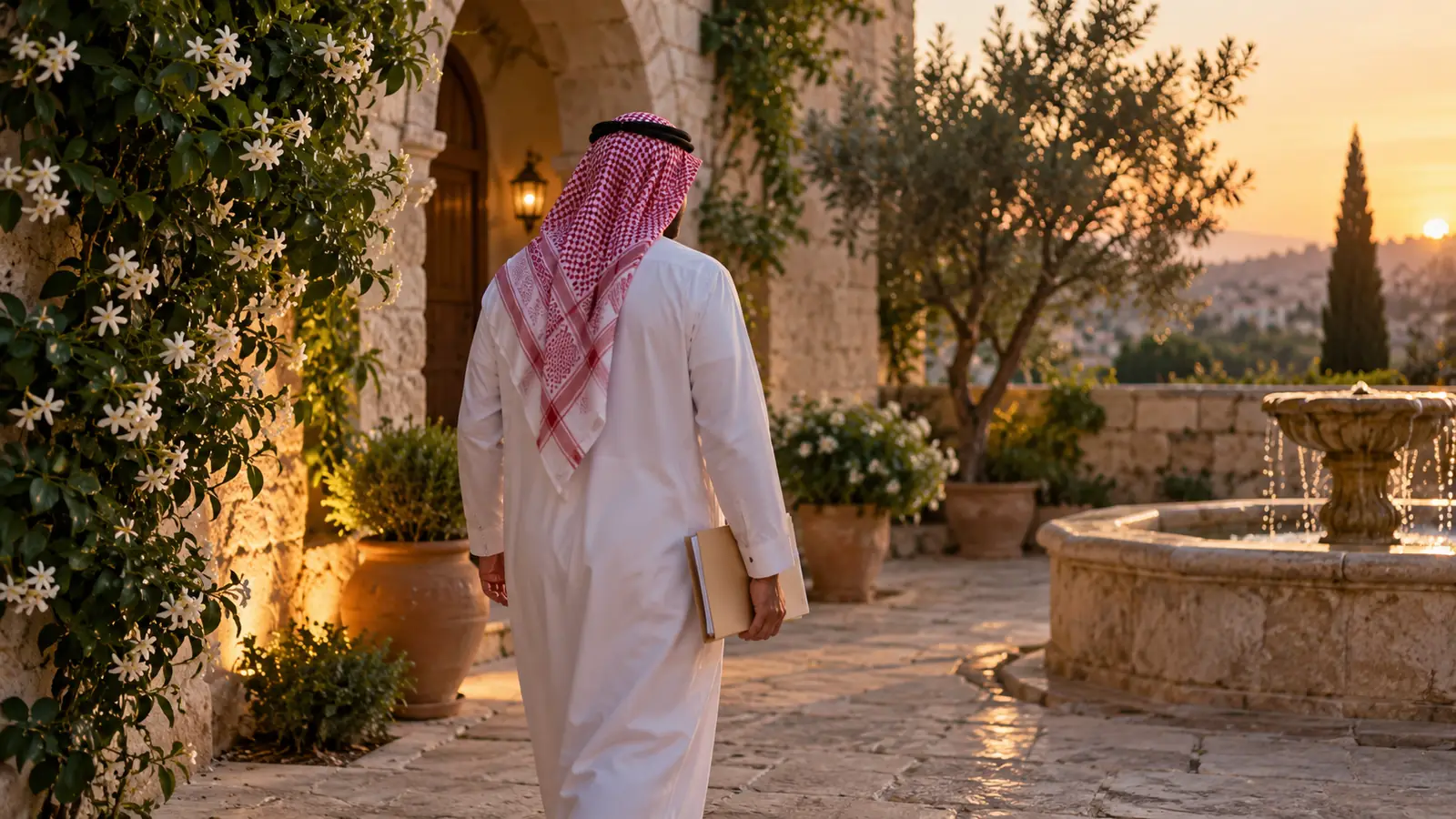 رجل من الخلف يحمل ملف أوراق في فناء حجري بنافورة وياسمين، لموضوع زواج من سوريات