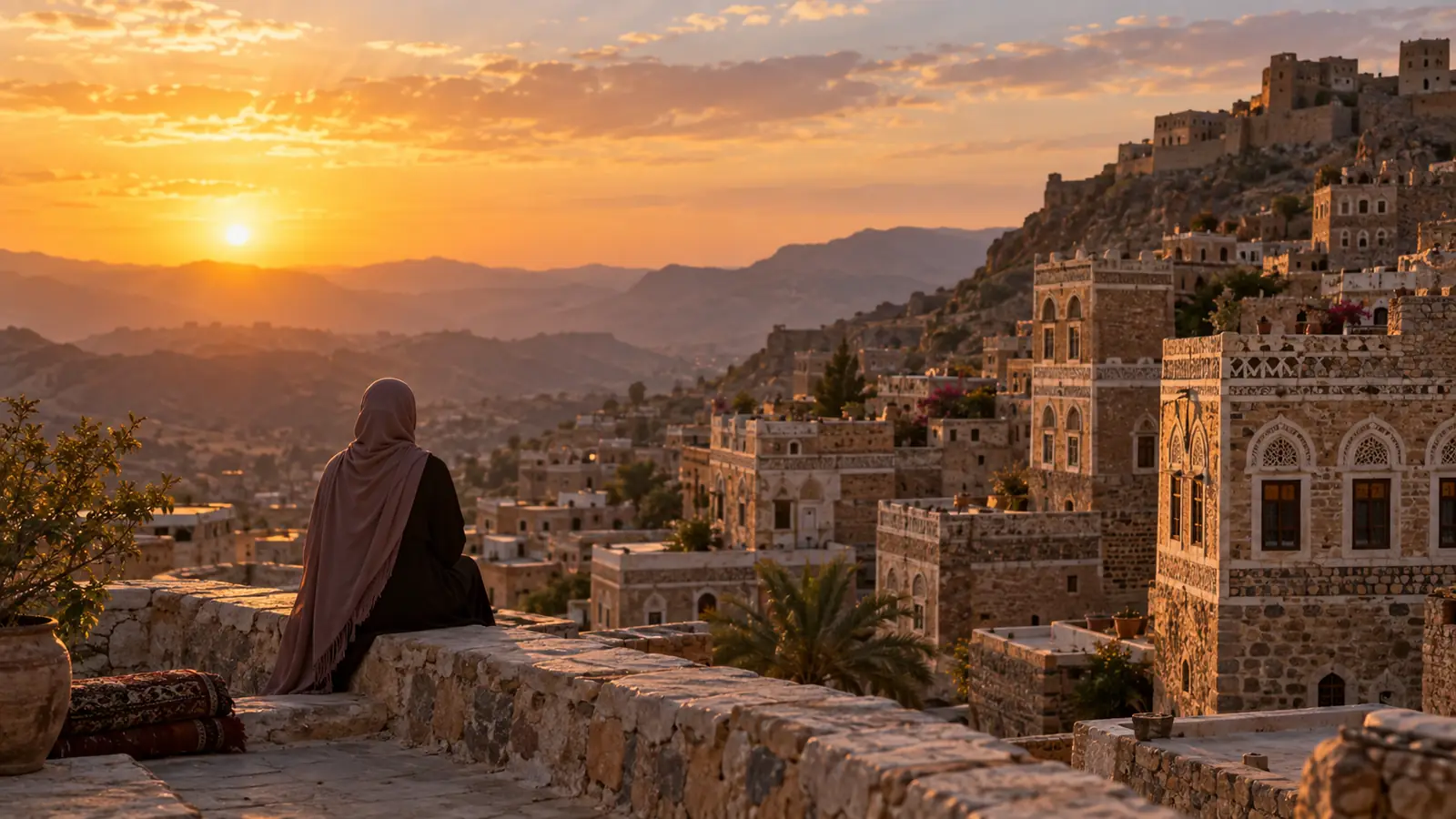 سطح مبنى حجري بنوافذ مزخرفة عند الغروب وامرأة من بعيد، لموضوع زواج من يمنية