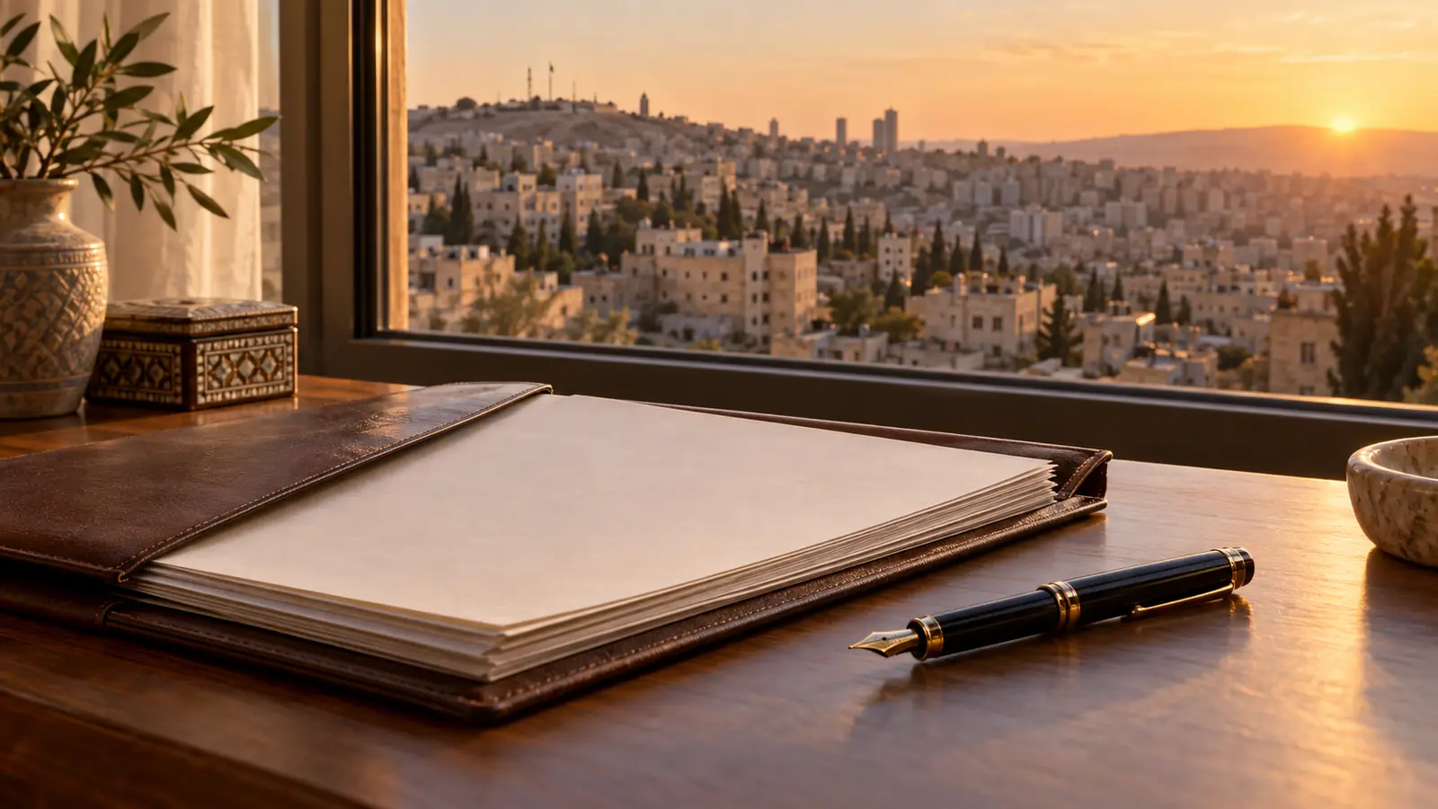 ملف وثائق زواج على مكتب قرب نافذة تطل على جبال عمّان وأبنيتها الحجرية
