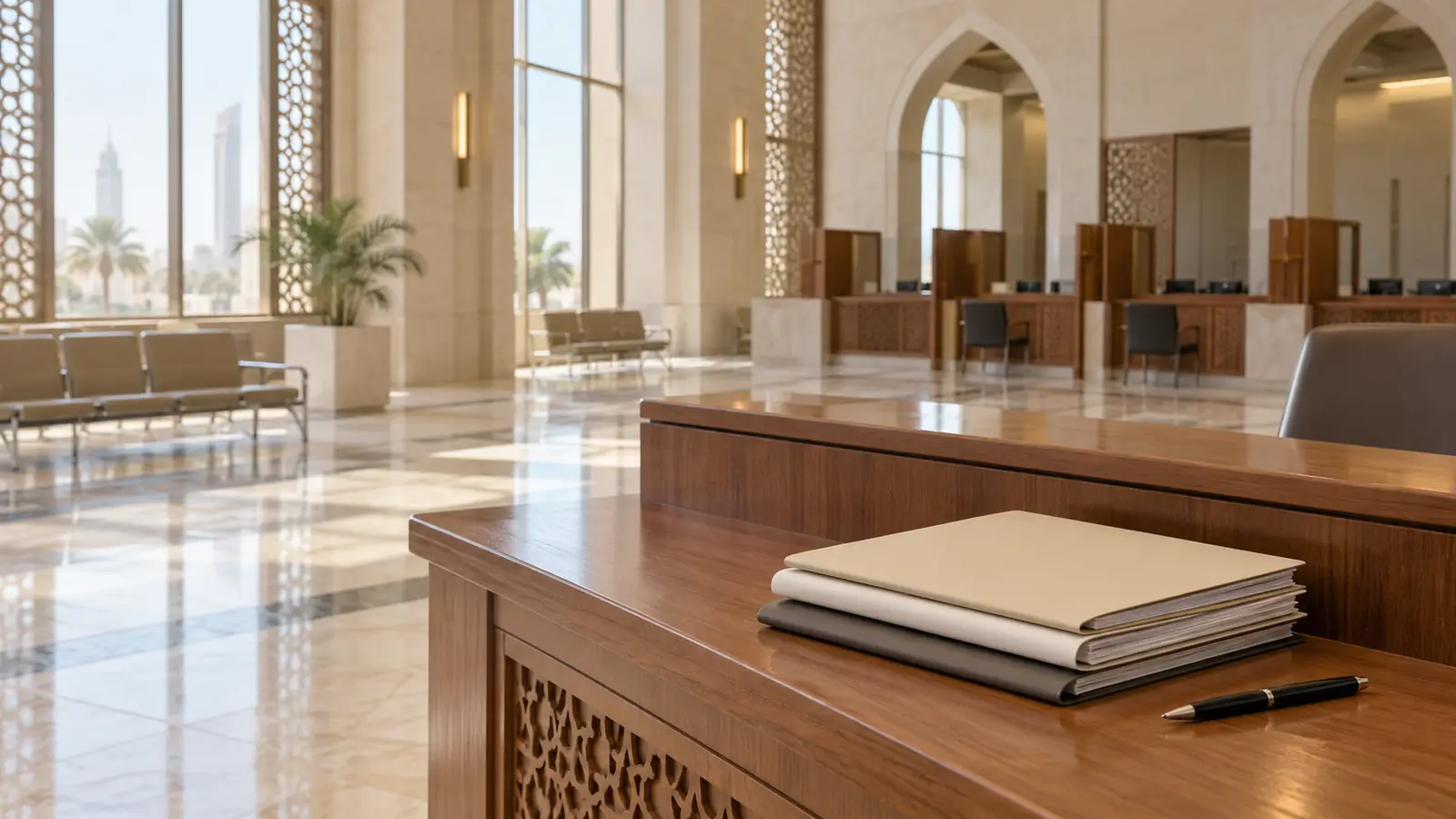 مكتب توثيقات هادئ في محكمة بضوء النهار، يرمز إلى عقد زواج الكويتي من غير كويتية