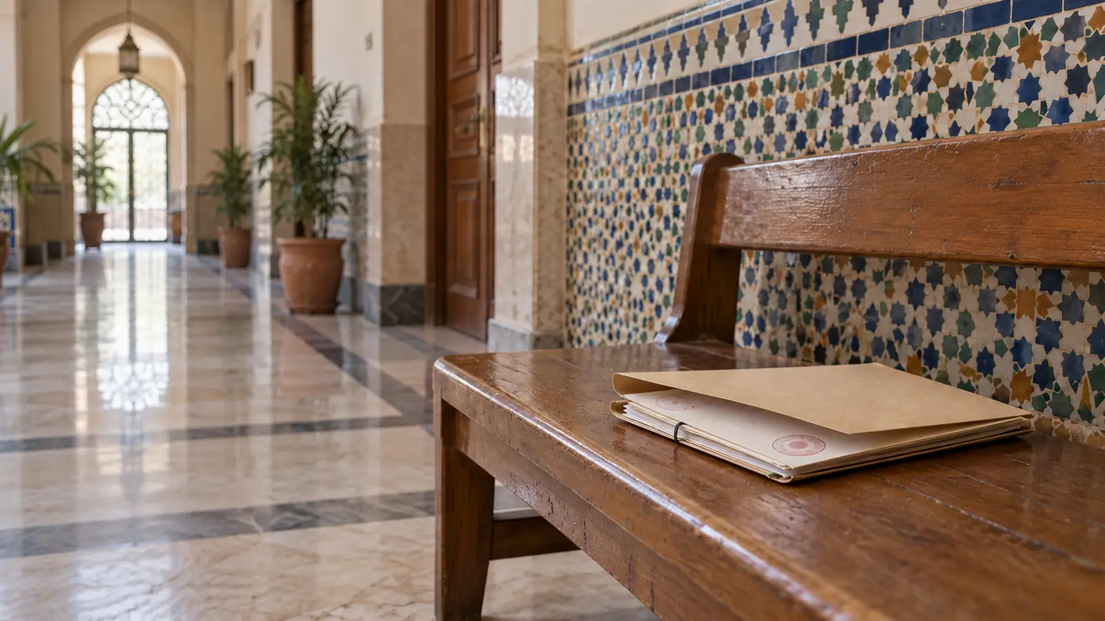 ملف وثائق على مقعد خشبي في رواق محكمة الأسرة بالدار البيضاء لإذن الزواج المختلط