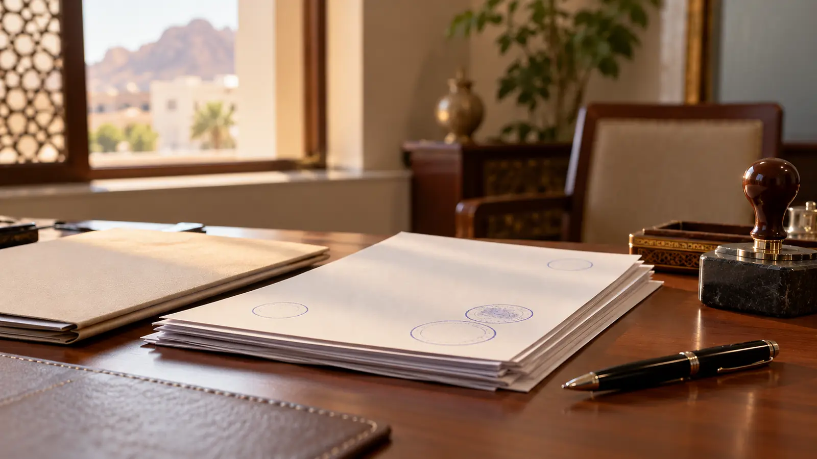 مكتب كاتب بالعدل في مسقط عليه أوراق موثقة وقلم، لتوثيق زواج العماني من أجنبية