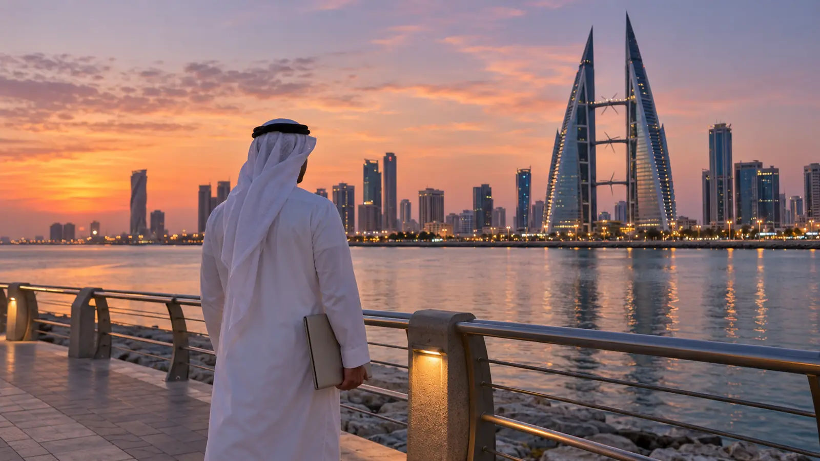 واجهة المنامة البحرية عند الغروب ورجل من الخلف يحمل أوراق توثيق زواج المسيار