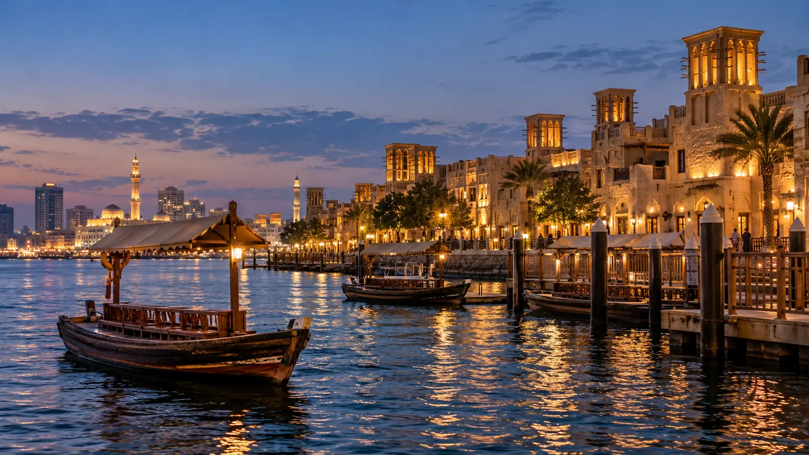 خور دبي عند الغروب بقوارب العبرة الخشبية وأضواء حي السيف القديم على الماء