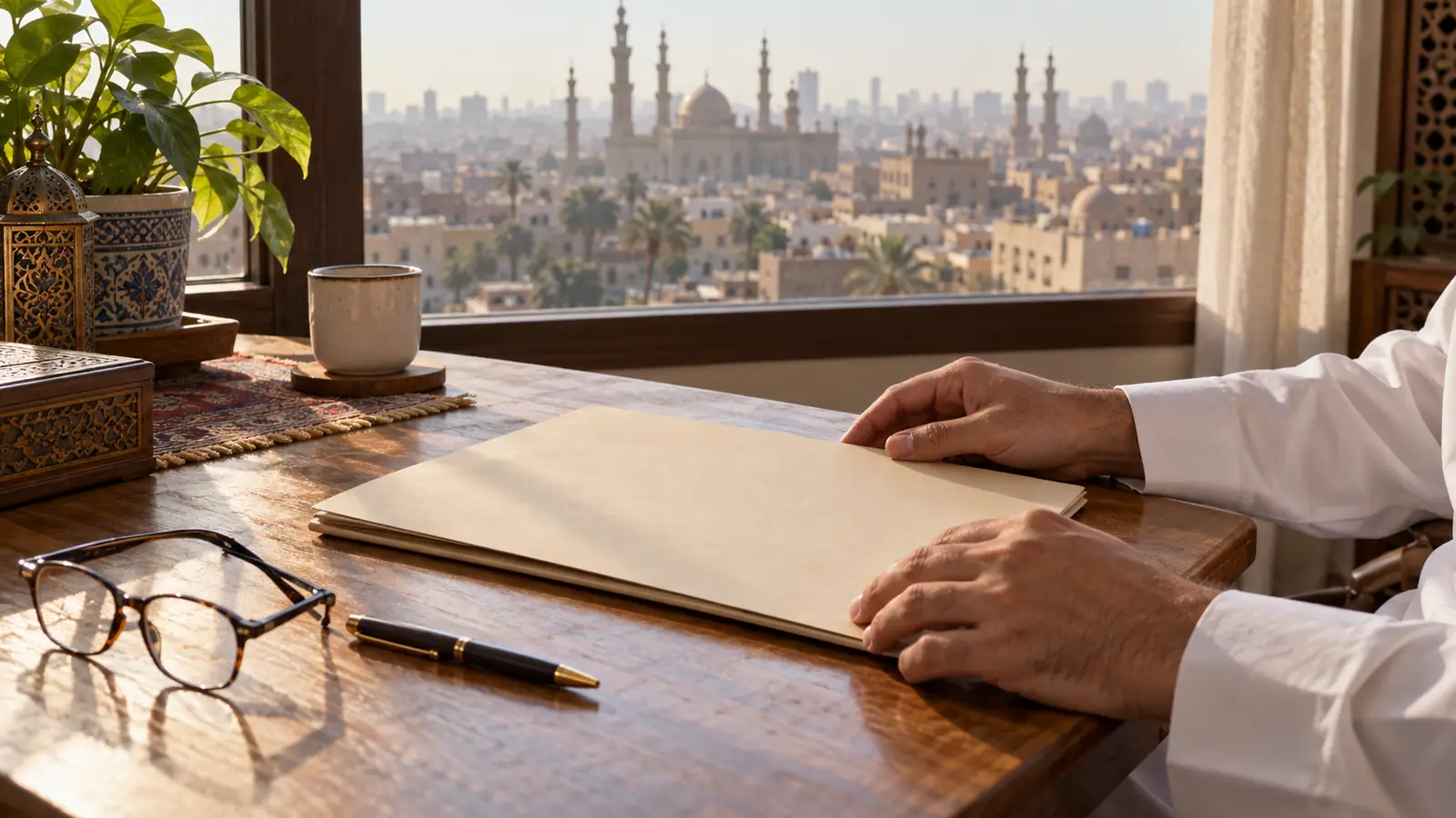 أوراق وثيقة زواج على مكتب أمام نافذة تطل على أسطح القاهرة عند الحديث عن زواج مسيار في مصر