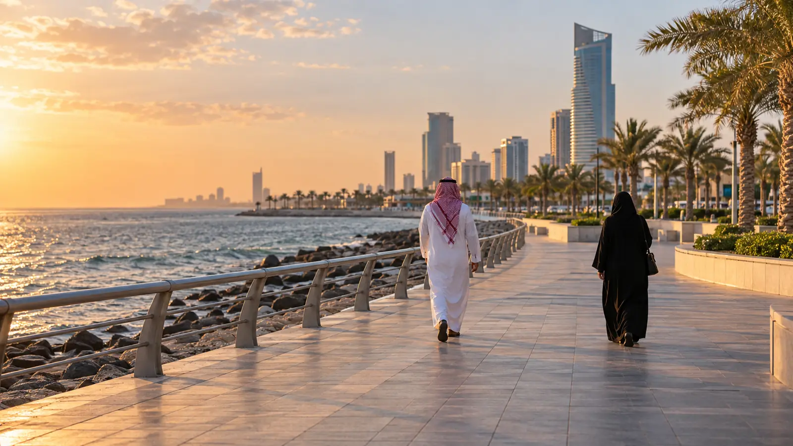 كورنيش جدة عند الغروب ومارّان من بعيد على الممشى المطل على البحر الأحمر