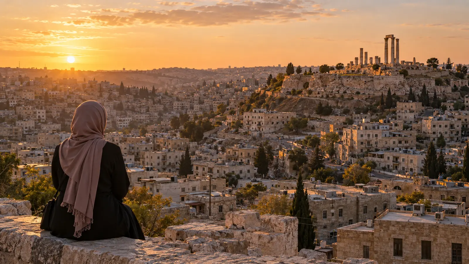 مباني عمّان الحجرية البيضاء وتلال المدينة عند الغروب لمن يبحث عن زواج مسيار في الأردن