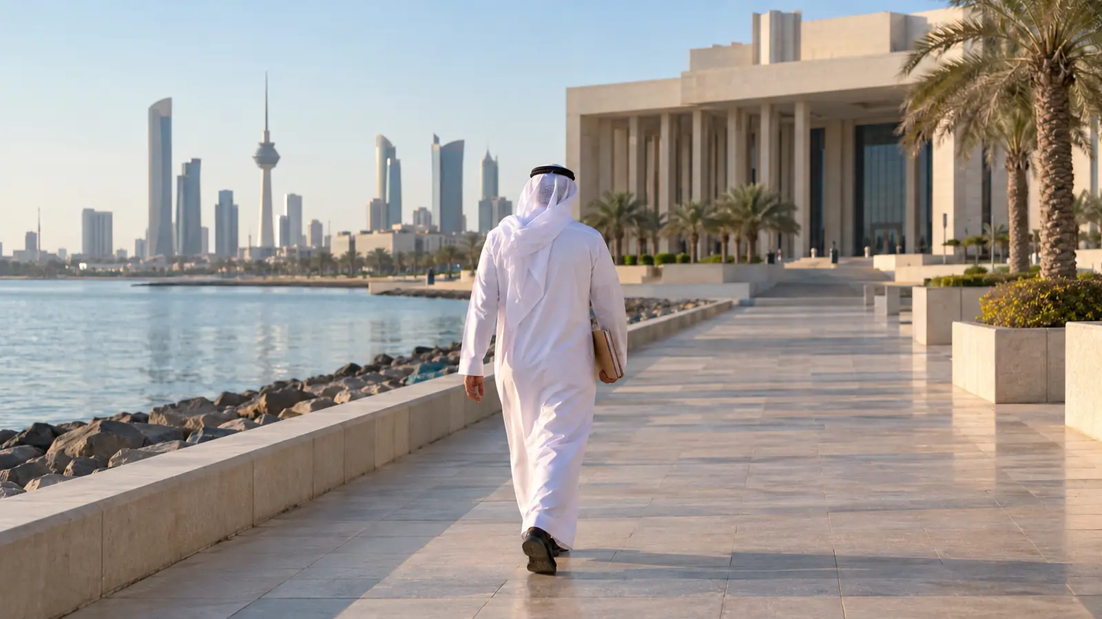 رجل من الخلف يحمل أوراقًا متجهًا إلى مبنى حكومي في الكويت لتوثيق زواج المسيار