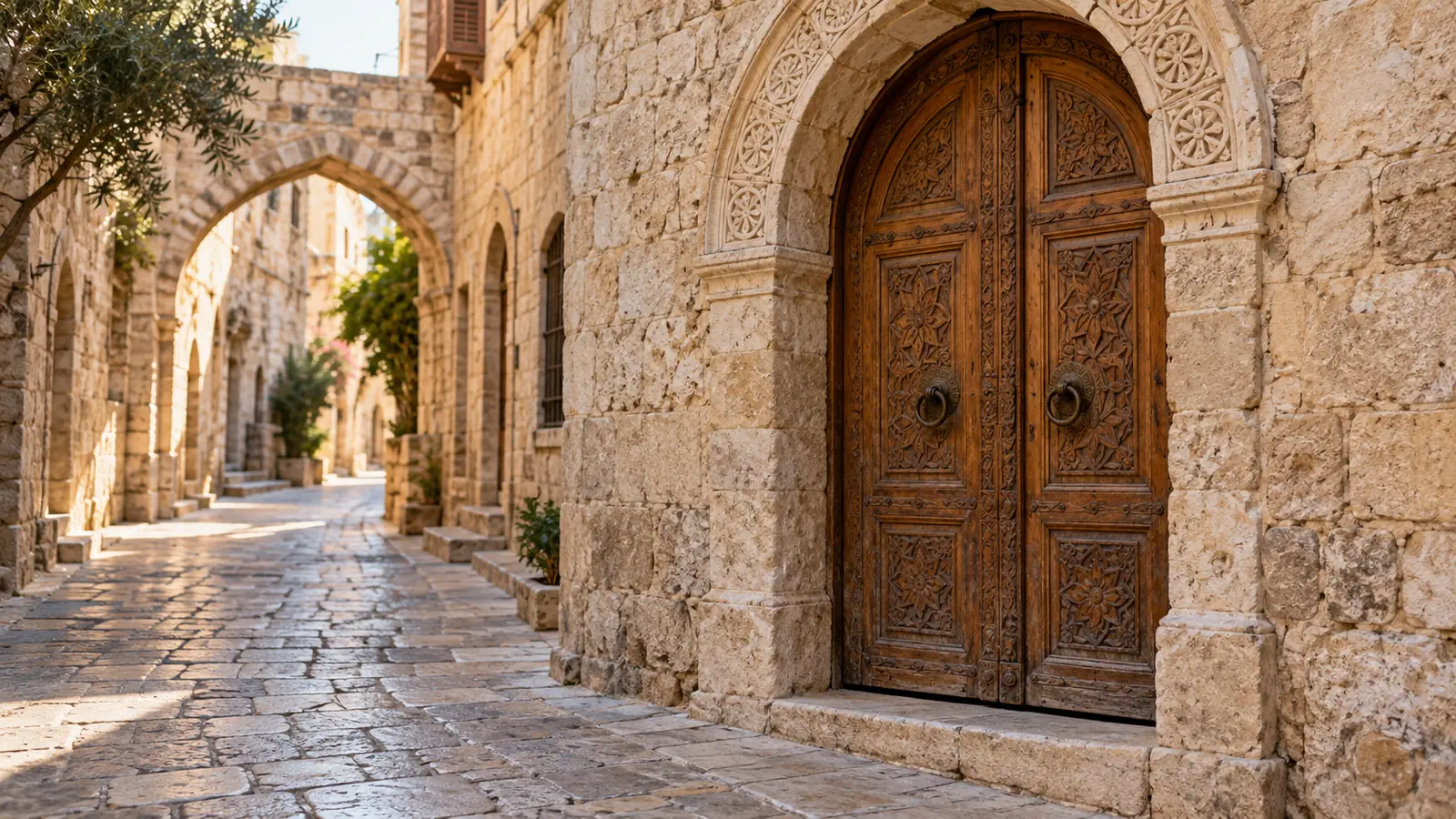 باب خشبي منقوش في قوس حجري بشارع قديم من أسواق الشام