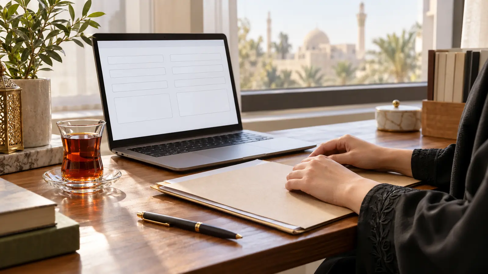 ملف أوراق وقلم على مكتب بجانب لابتوب، تعبيرًا عن توثيق زواج مسيار في مكة