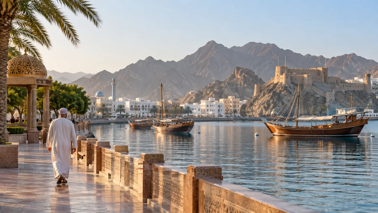 كورنيش مطرح في مسقط صباحًا مع مراكب شراعية وجبال في الخلفية لمن يبحث عن زواج مسيار مسقط