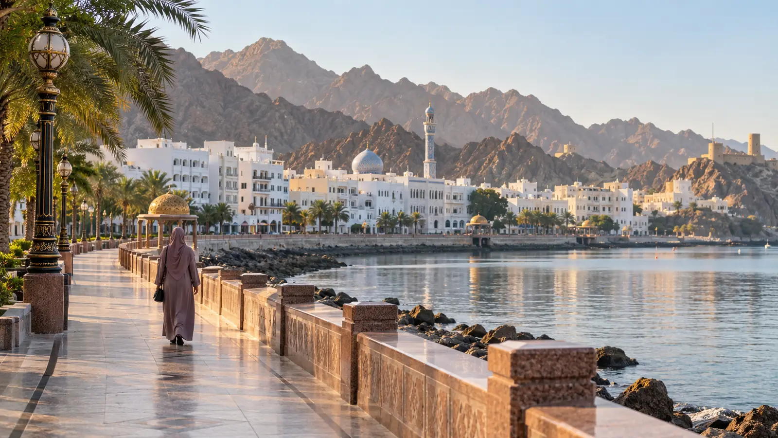 كورنيش مطرح في مسقط وامرأة من الخلف على الممشى في مقال زواج مسيار في عمان