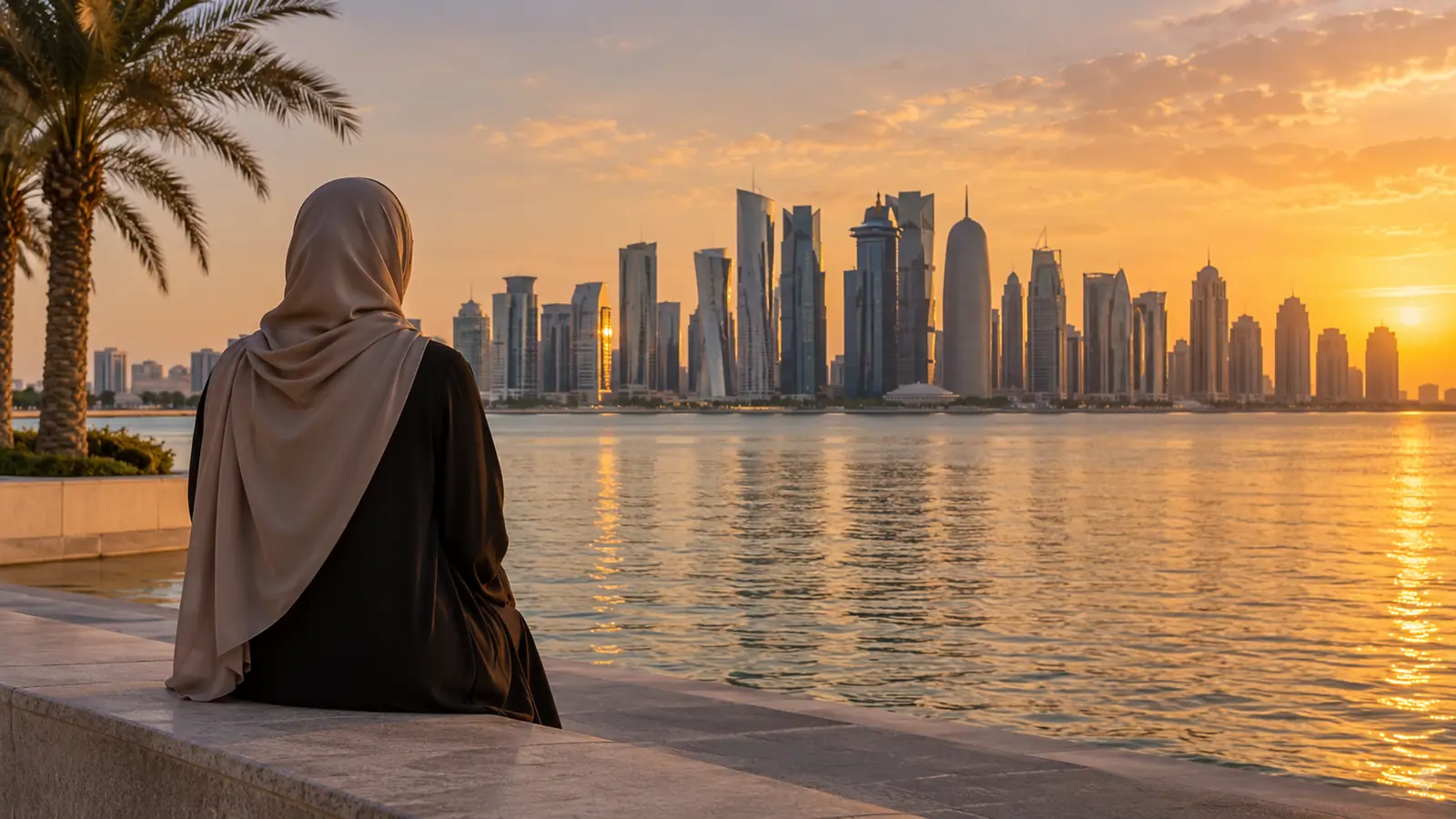 امرأة من الخلف تتأمل خليج الدوحة عند الغروب في مقال زواج مسيار في قطر