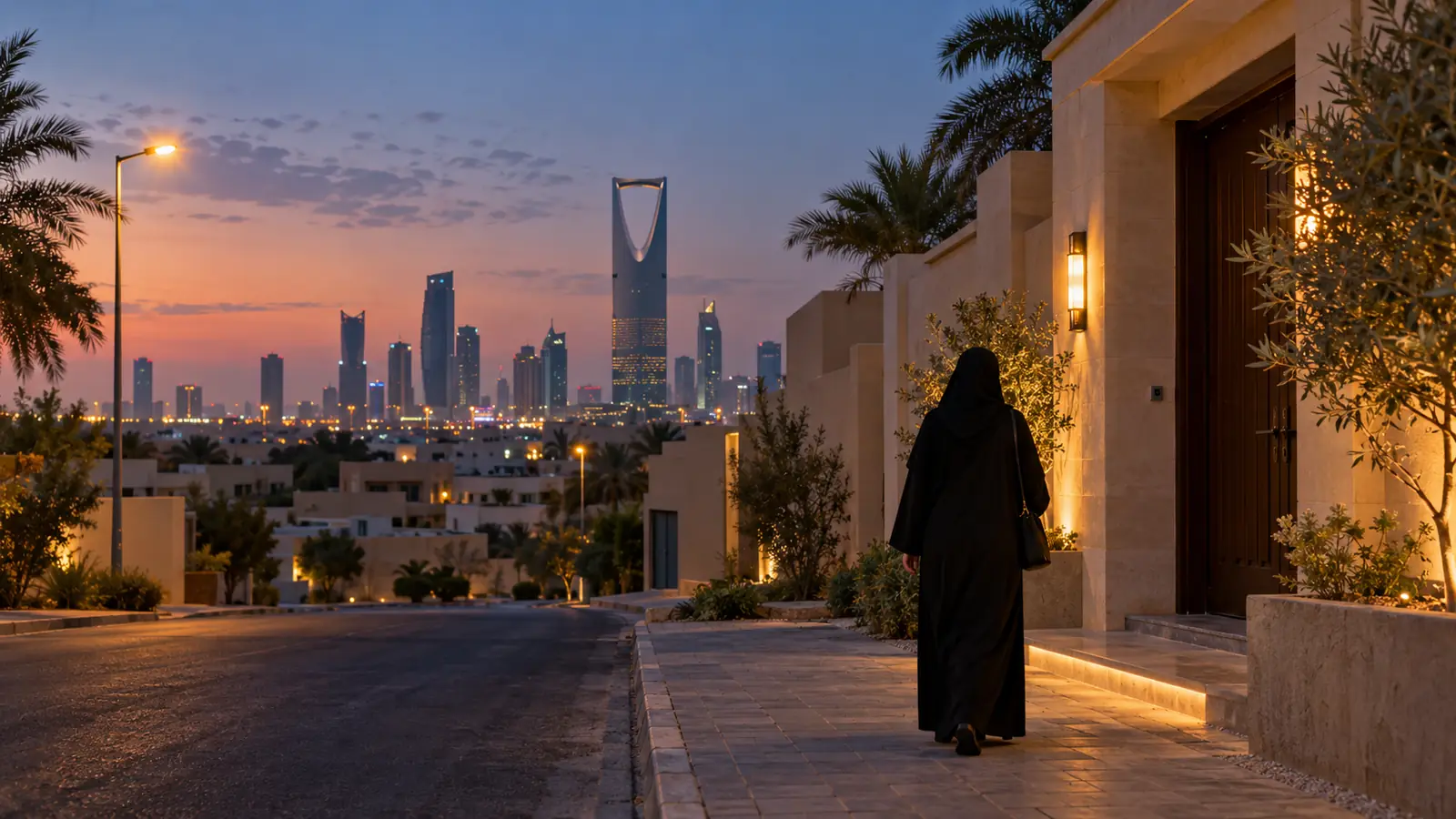شارع سكني هادئ في الرياض وقت الغروب وأفق العاصمة في الخلفية