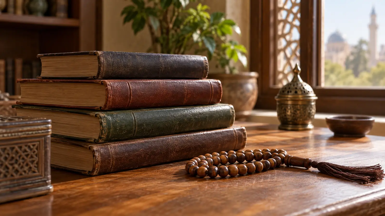 كتب فقه عربية على طاولة خشبية ترمز إلى حكم زواج المسيار بأقوال العلماء