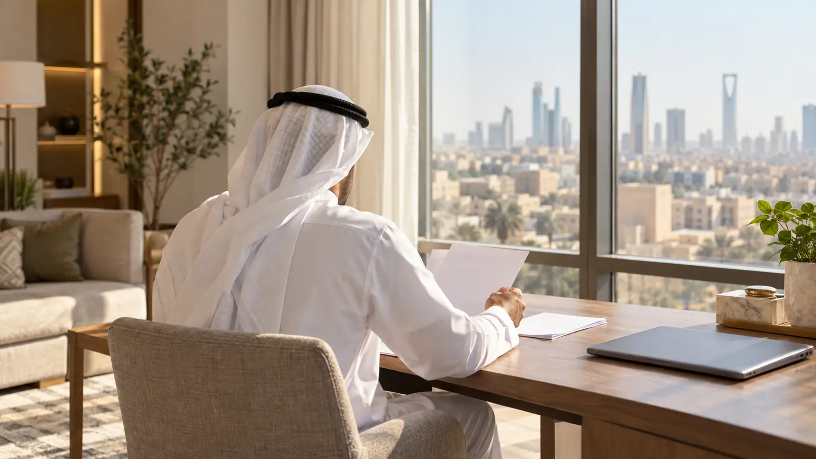 رجل سعودي من الخلف يراجع أوراق عقد زواج بجانب نافذة مضيئة