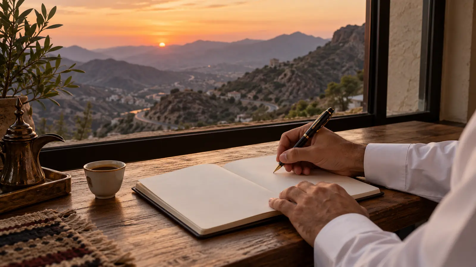 يد رجل تكتب اتفاقًا على مكتب مقابل جبال الطائف، صورة لموضوع زواج مسيار في الطائف