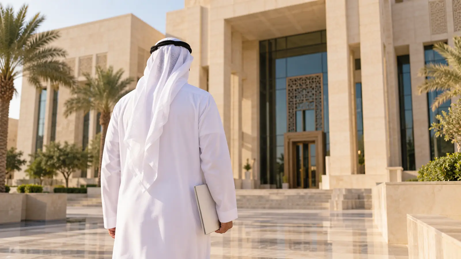 رجل بالكندورة من الخلف أمام مبنى رسمي في أبوظبي يحمل ملفًا