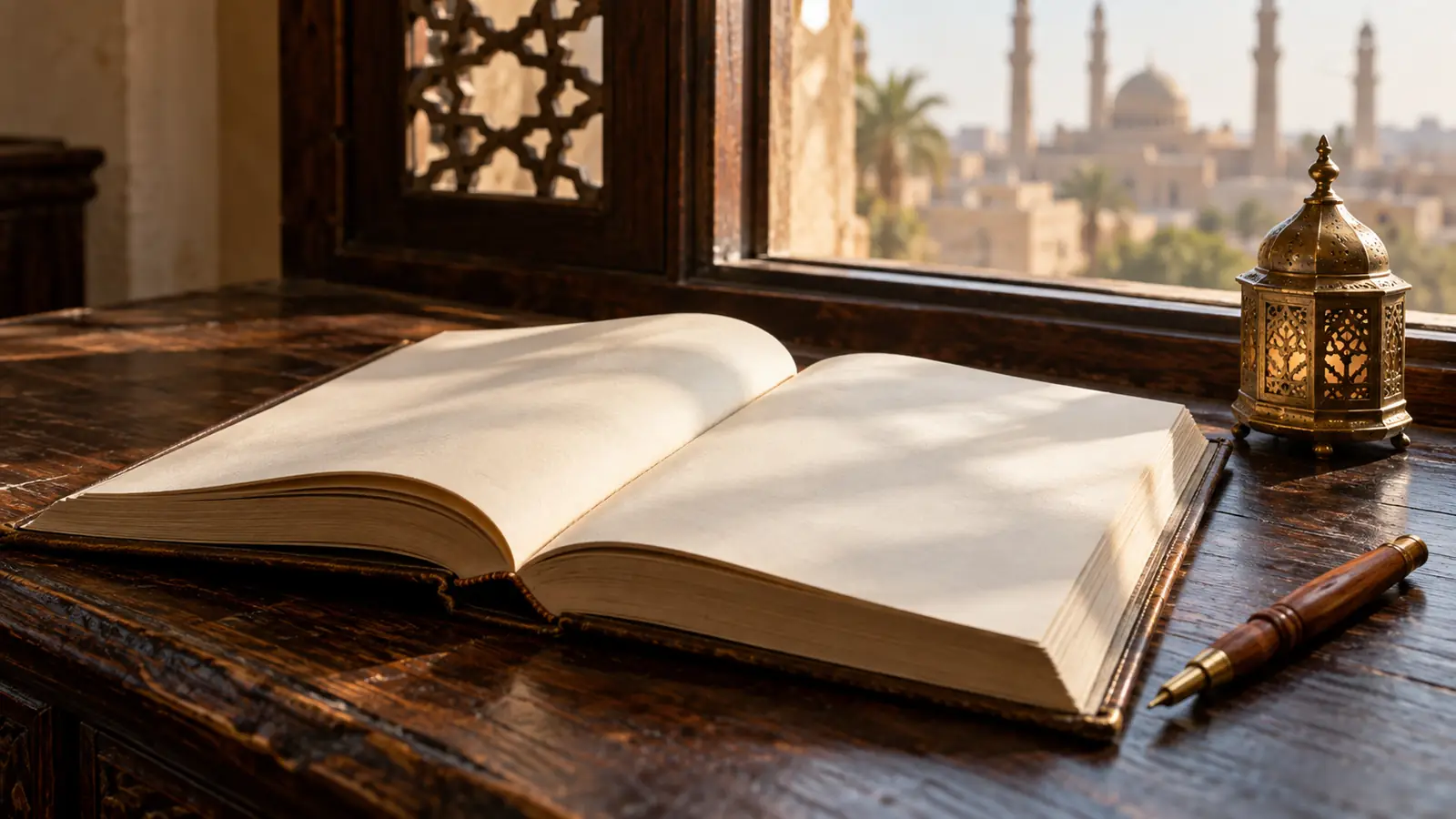 كتاب مفتوح وقلم على مكتب خشبي يرمز إلى الفرق بين زواج المسيار والمتعة بأقوال العلماء