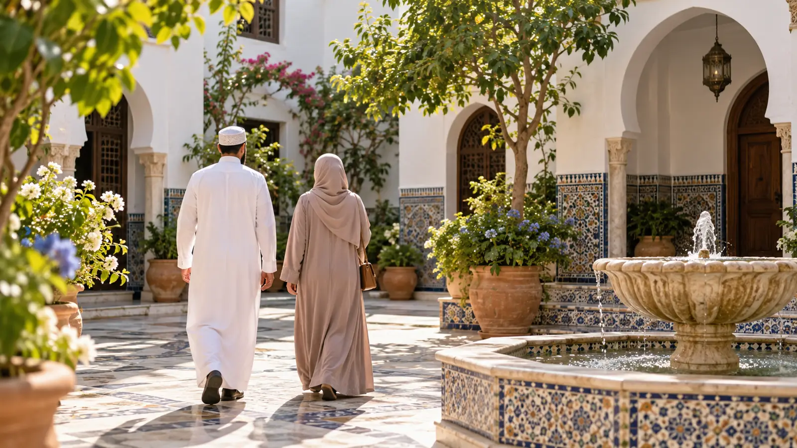 فناء إسباني مشمس وزوجان من الخلف، عن زواج المسلمين في إسبانيا