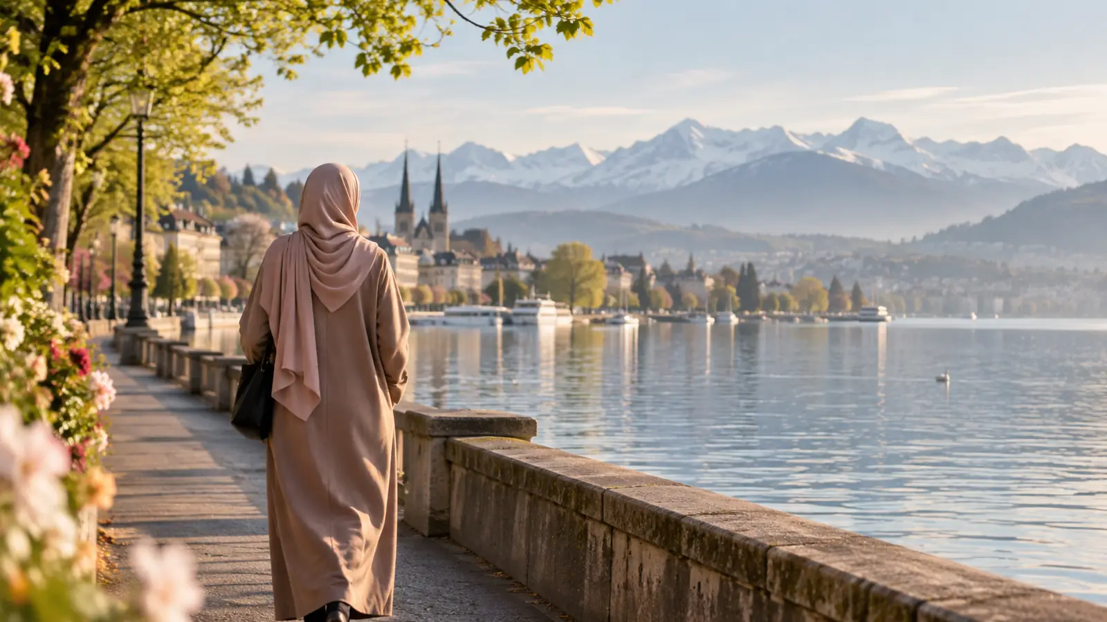 امرأة محجبة من الخلف على ضفة بحيرة في زيورخ، عن زواج المسلمين في سويسرا