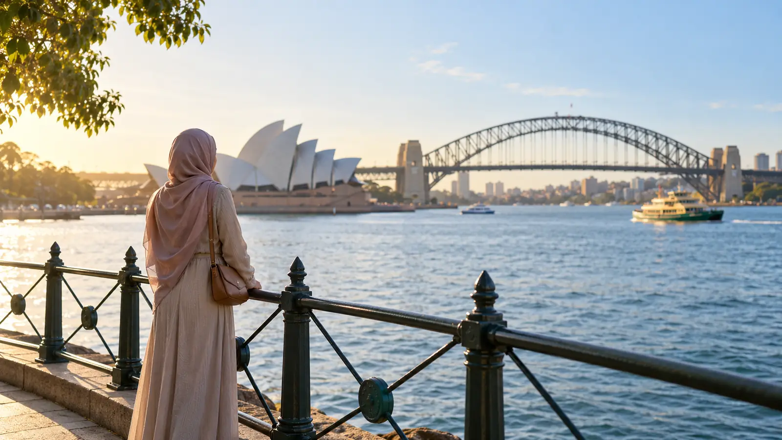امرأة مسلمة من الخلف تتأمل الميناء في سيدني، مسلمات للزواج في أستراليا