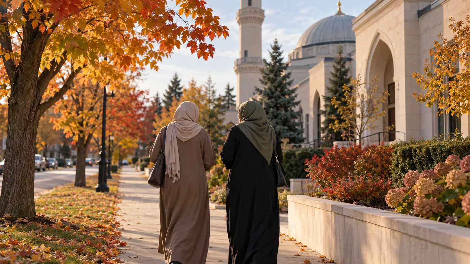 امرأة مسلمة من الخلف تمشي في شارع كندي هادئ خريفًا، مسلمات للزواج في كندا