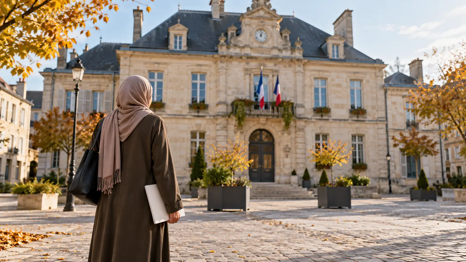 امرأة مسلمة من الخلف أمام بلدية فرنسية، مسلمات للزواج في فرنسا