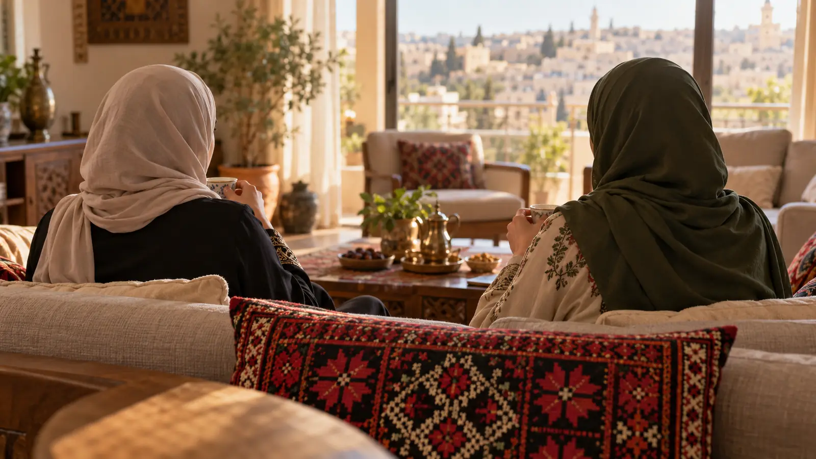 امرأتان من الخلف في صالون عائلي دافئ تتحدثان عن خطابة فلسطينية