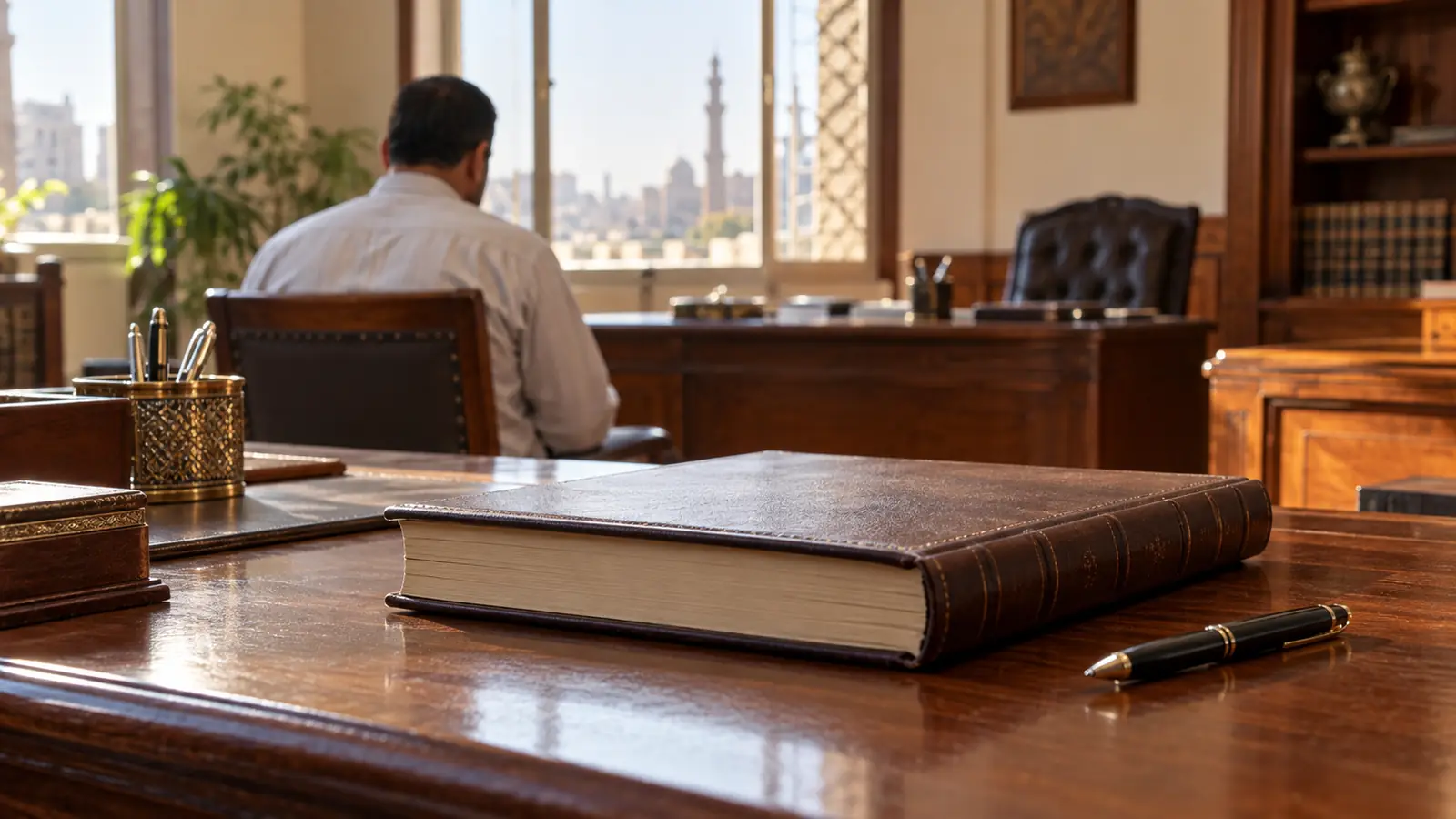 رجل مصري من الخلف أمام مكتب موثق في القاهرة يتابع إجراءات الزواج الثاني في مصر